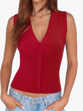 Set of 2 SUUKSESS RIBBED SLEEVELESS BUTTON DOWN SWEATER TRUE RED AND NAVY 2/$18😎
